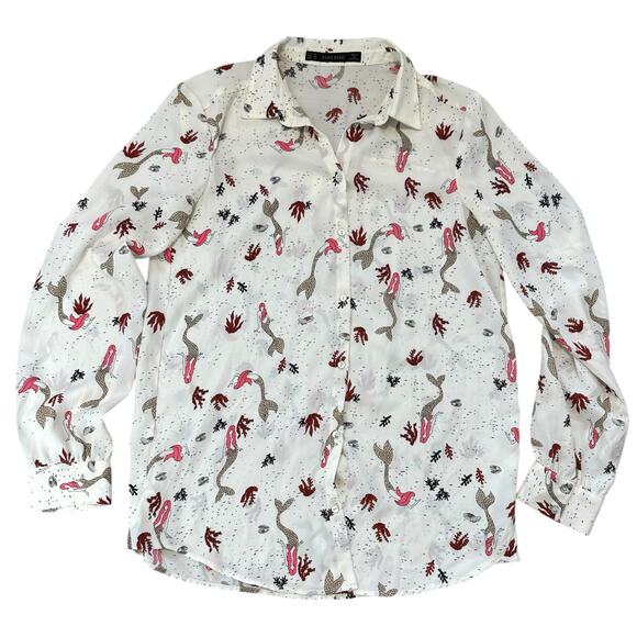 Zara Basics Mermaid Print Button Down Blouse Top XS Cream Red Pink Pearl Buttons - Picture 1 of 5